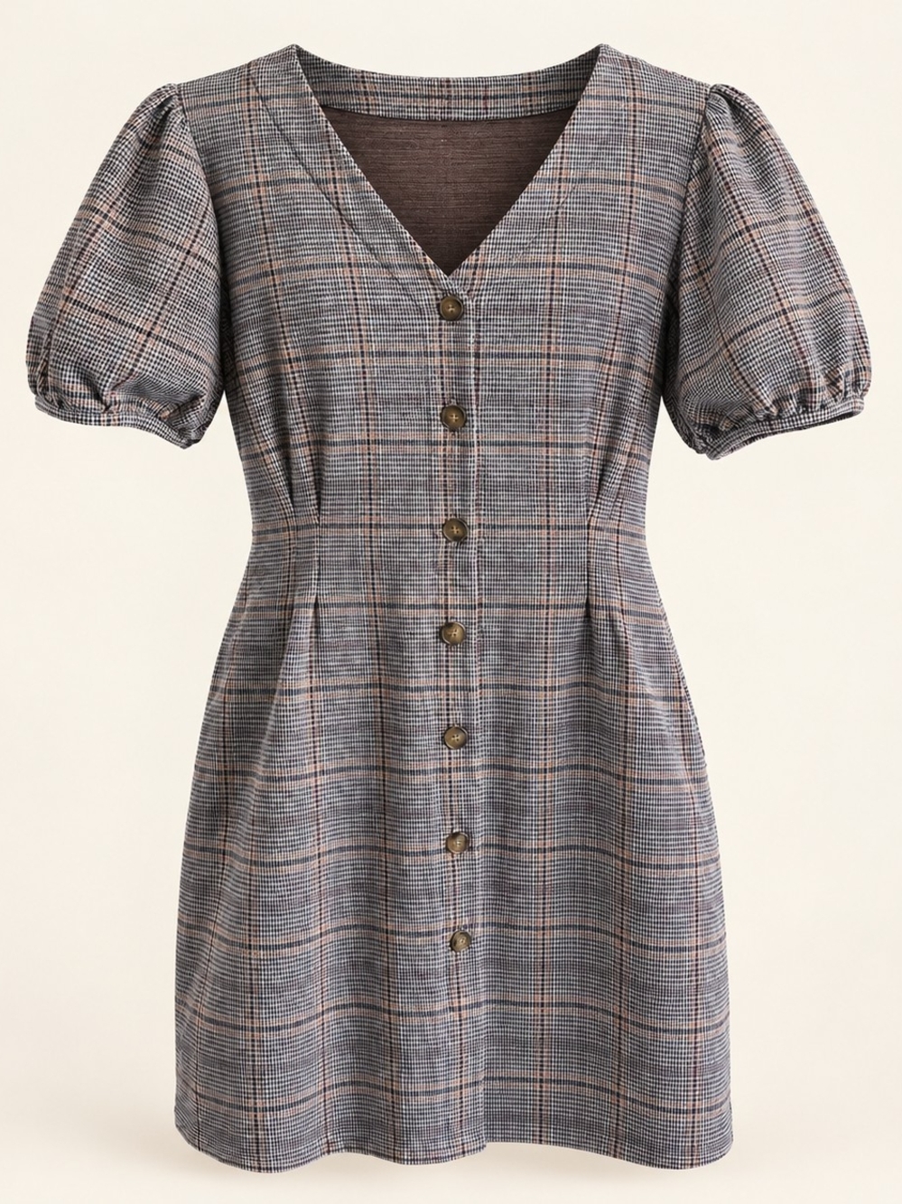 LOFT Plaid V-Neck Puff Sleeve Mini Dress in Gray and Brown